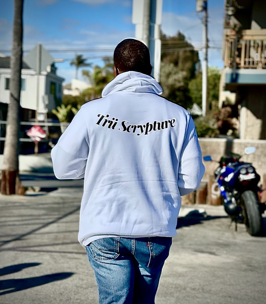 Back view of the white Got Trü hoodie.