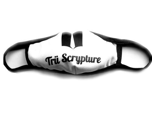 Trü Scrypture white face mask with the Trü Scrypture Fashion Book logo and name on the mask with black trim on the edges of the mask.