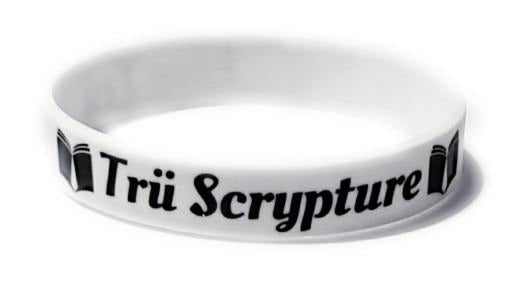 White silicone wristband which features the Fashion Book logo and the Trü Scrypture name.