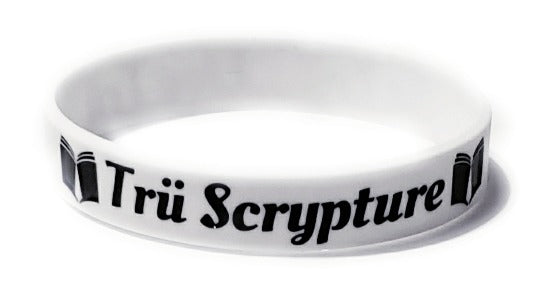 White wristband that features not only the Trü Scrypture name but also the Fashion book logo.