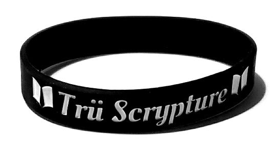 Black  wristband that features the Trü Scrypture name along with the Fashion book logo.