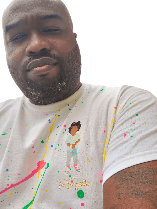 On this paint splattered  tee, the soon-to-be iconic Trü B-Girl stands over the alternate Trü Scrypture Gold Label logo.