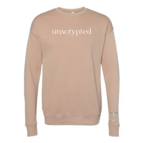 Picture of Unscrypted crewneck in heather sand dune color.