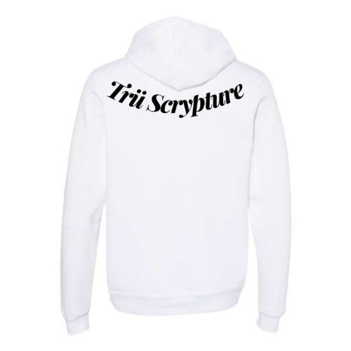 Picture of the got trü hoodie in white from the back view.