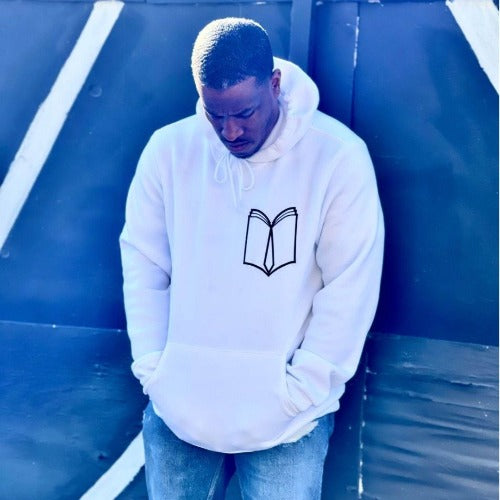 Model wearing the got trü hoodie in white from the front view.
