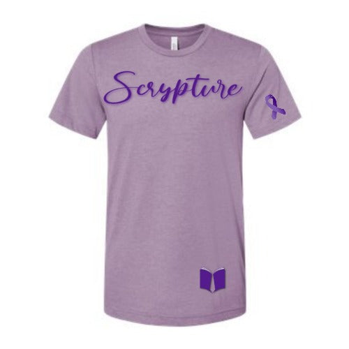 This premium T-Shirt features the Scrypture design which lays across the chest. This design also features the Trü Scrypture Fashion Book logo along with a purple ribbon on the left sleeve for Epilepsy Awareness.